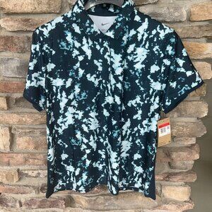 NIKE Women`s Dri-FIT Victory Short Sleeve Print Tennis Polo Top Lrg M Navy NWT